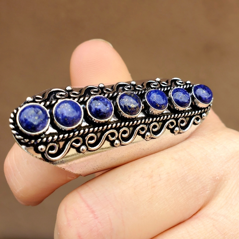New 7 Stone Lapis Lazuli Adjustable Silver Statement Ring.